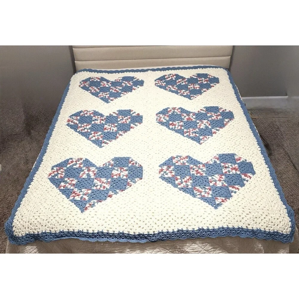 Handmade Crochet Granny Square Sofa Throw Blanket, Multicolor Vintage Hearts